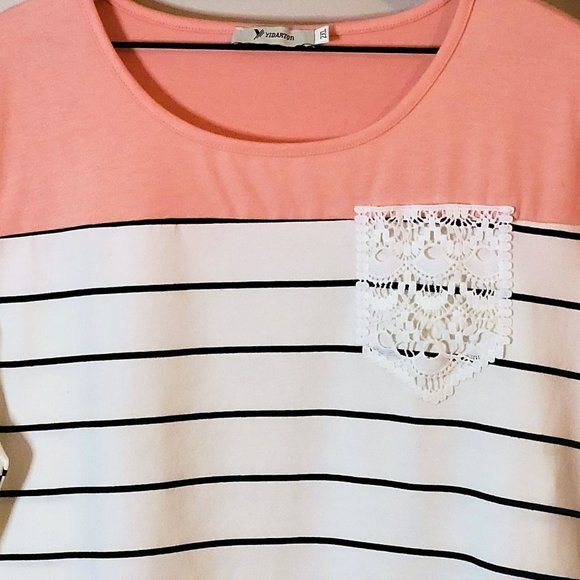 SUMMER COLORBLOCK SHORT SLEEVE TOP WITH LACE POCKET - Picture 6 of 7